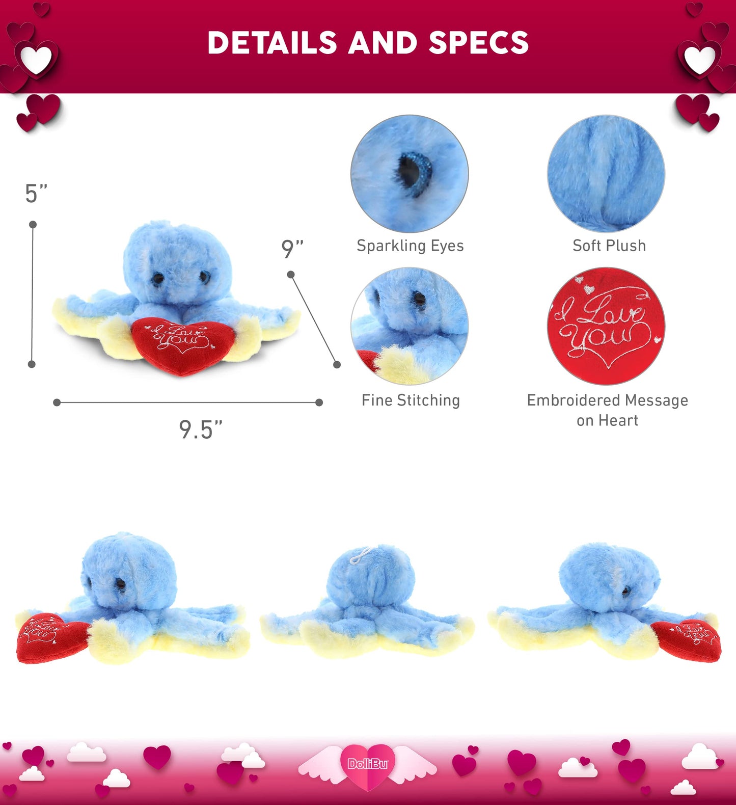 DolliBu I Love You Valentine Plush Blue Octopus - Cute Stuffed Animal with Red Heart and Name Personalization Gift for Valentines Day, Birthday, Anniversary, Romantic Date - 9.5 Inches