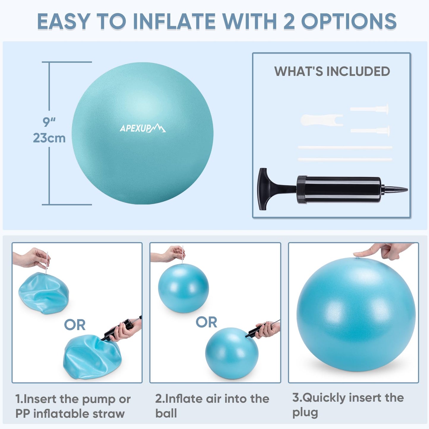 APEXUP Yoga Ball Exercise Ball, Heavy Duty Pilates Ball for Fitness, Balance, Core Workout, Physical Therapy (XXS (9") 23cm, Light Blue)