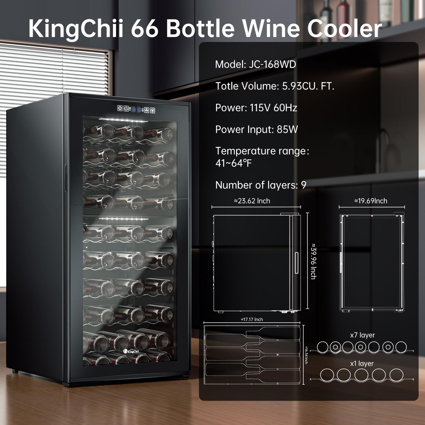 KingChii 66 Bottle Wine Cooler Refrigerator - Dual Zone Wine Fridge with Intelligent Digital Control, Low Noise Operation, Freestanding Wine Refrigerator for Home and Kitchen