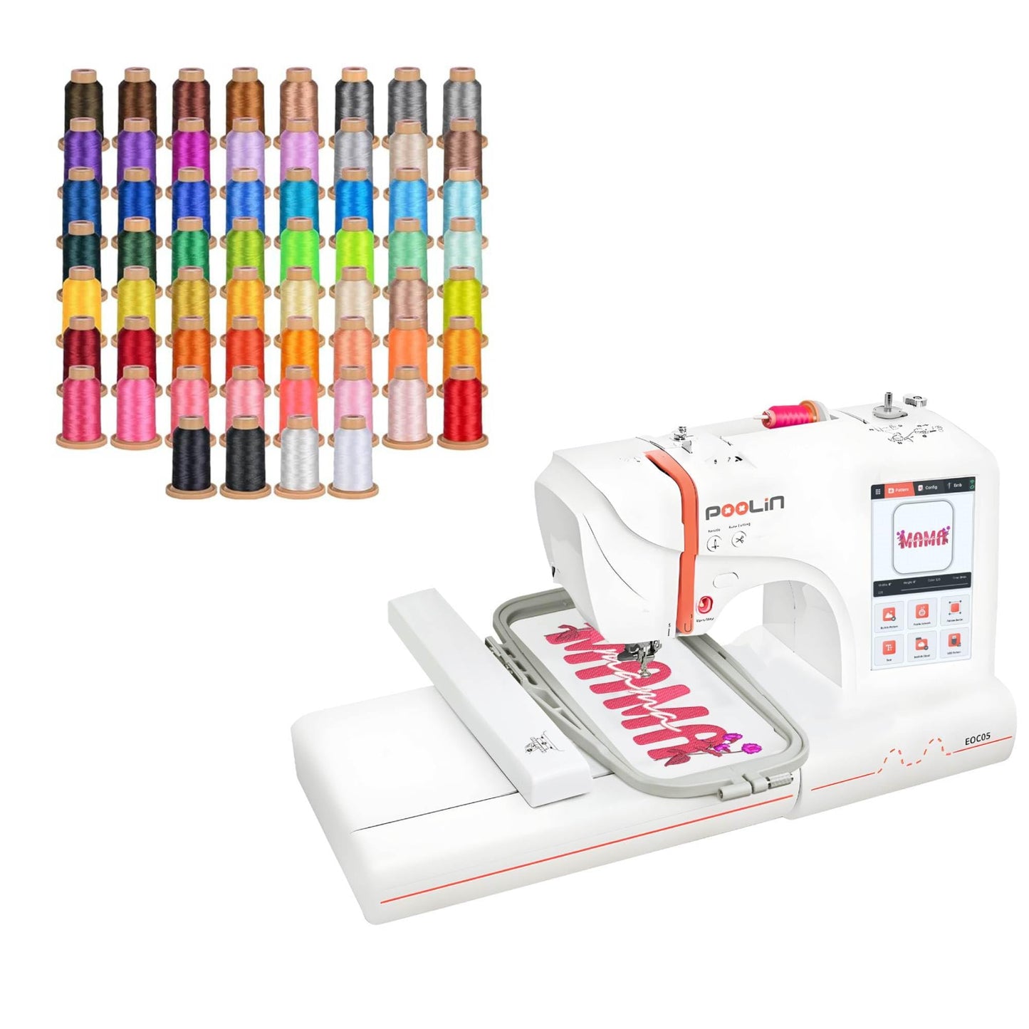 EOC05 Embroidery Machine 4 x 9.25 Inch Large Hoop Embroidery Area,Computerized Embroidery Machine with 7 Inch LCD Color Touchscreen Poolin Richword 800M 60 Colors Embroidery Thread