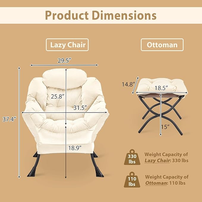 Youtanic Lazy Chair with Folding Ottoman, Accent Chair Velvet Upholstered with Metal Structure and Non-Slip Pads, Sofa Armchair with Footrest and Side Storage Bag for Dorm, Room, Office, Beige