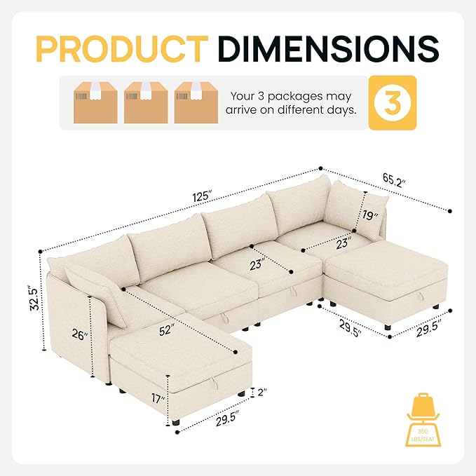 Oversized Modular 6 Seater Sofa with Removable Covers and Storage, Convertible U, L-Shaped and Sleeper Sectional, Modern Sectional Couch with Ottoman Chaise for Living Room, Bedroom, Apartment, Beige