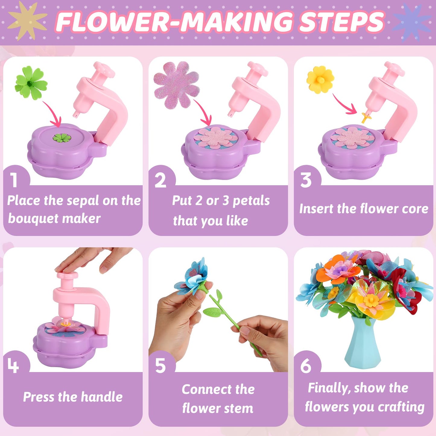 Flower Craft Kits for Girls - Arts and Crafts for Kids Ages 4-8, Gifts for 4 5 6 7 8 9 Year Old Girls, Mess-Free Art Craft Activity Toys, Kids Flower Making Kit, DIY Creative Toys Gifts for Toddler
