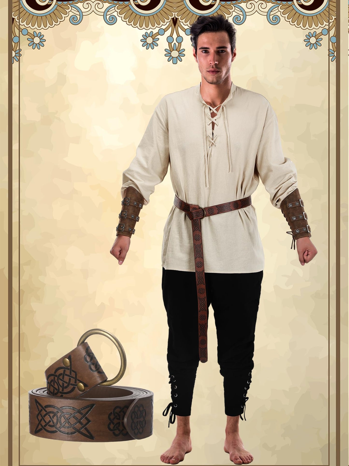 Jiuguva 4 Pcs Halloween Men's Renaissance Costume Set Medieval Pirate Shirt Ankle Banded Pants Viking Belt Accessories (Classic Color,Large)
