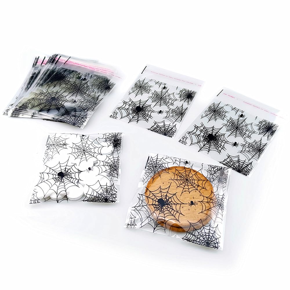 FAZHBARY 100 PCS Halloween Spider Web Treat Bags 4x5 inches Clear Plastic Cellophane Goodie Bags for Party Favor Supplies