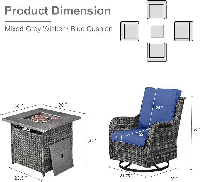 Belord 5 Pieces Patio Wicker Furniture Set - 4 Outdoor Swivel Rocker Glider Chairs with Propane Fire Pit Table, Patio Conversation Set Blue Cushion Perfect for Casual Gathering
