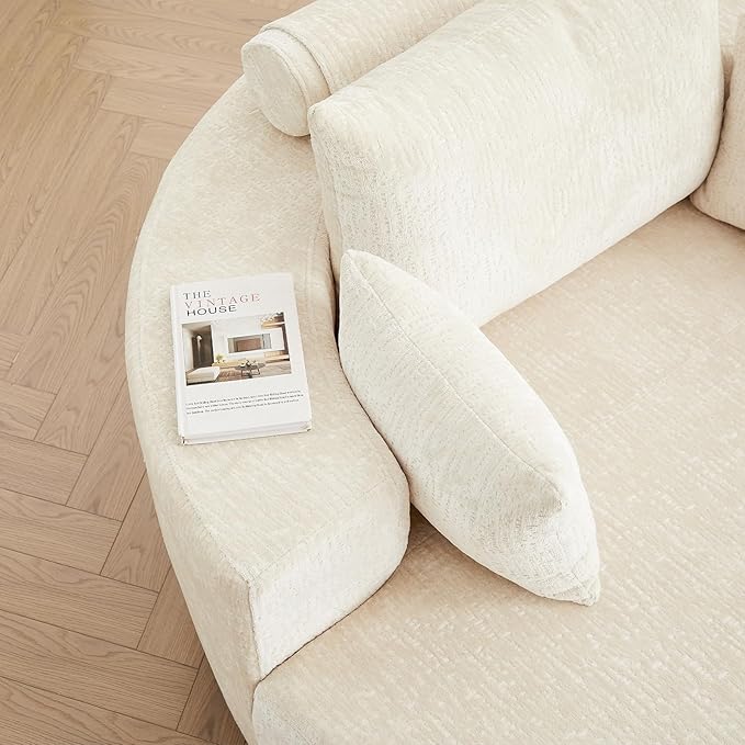 Oversized Round Swivel Chaise Longue Chair Indoor, Modern 55-inch 360 Degree Swivel Upholstered Chenille Deep Seat Circle Single Cloud Sofa Chair for Living Room Bedroom Apartment Office, Beige