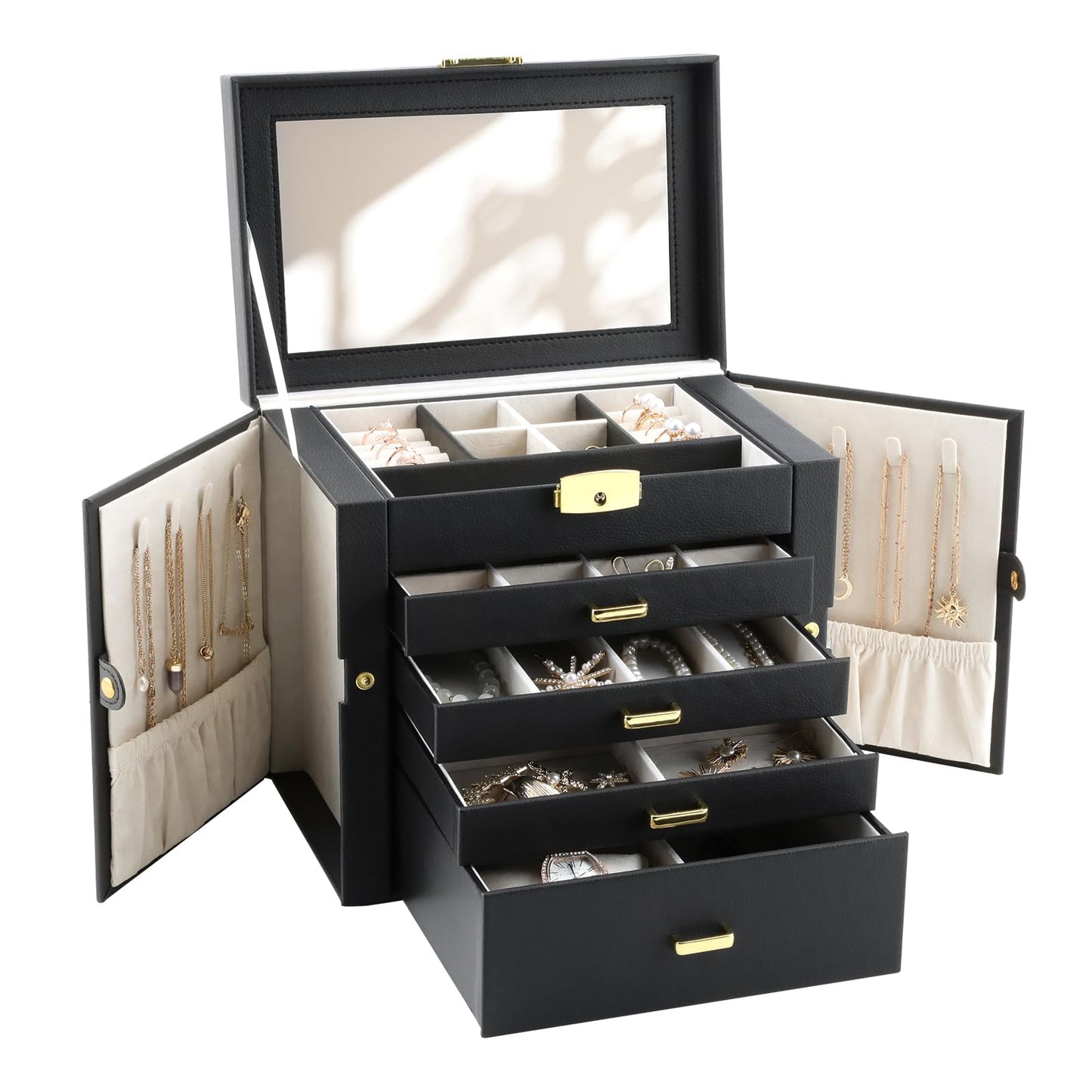 V-LAFUY Large Jewelry Organizers and Storage, Jewelry Box for Women 5 Layers Jewelry Organizer, Large Jewelry Boxes & Organizers for Women, Black