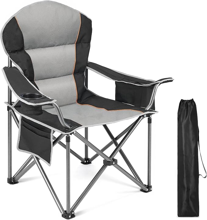 Sweetcrispy Camping Folding Chair, Heavy Duty Support - Foldable Padded Seat with Side Pockets, Cup Holder & Insulated Coo...
