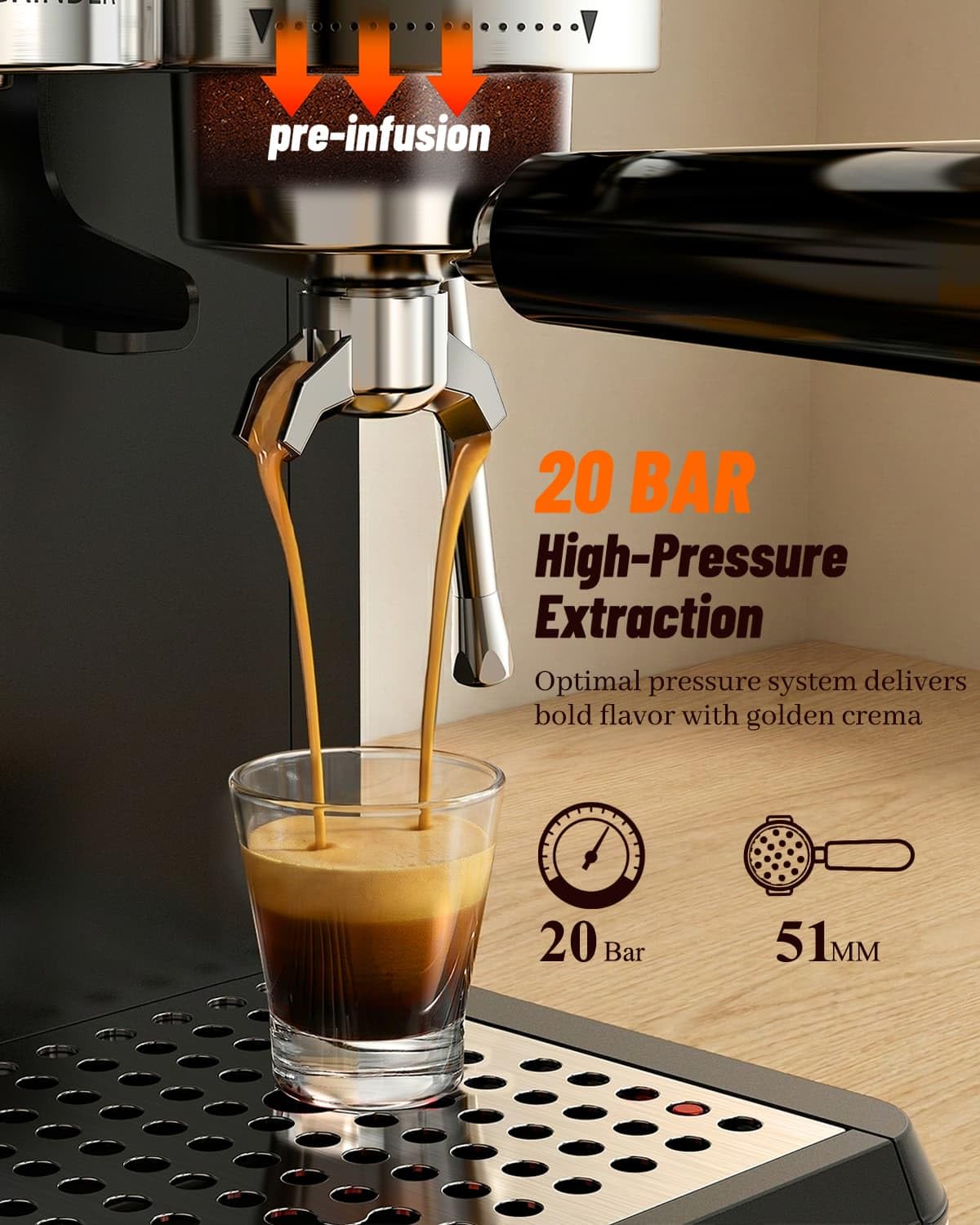Hausmojo Espresso Machine with Grinder, 20Bar Expresso Coffee Machines with Milk Frother, Professional Compact Stainless Steel Coffee Maker for Espresso, Latte & Cappuccino, Perfect for Home Use