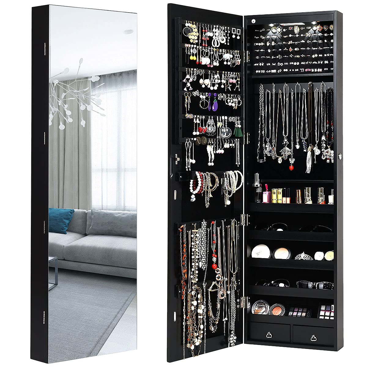 AUGESTER Jewelry Armoire Cabinet with Full-Length Mirror, 2 LEDs, 2 Keys, Makeup Pouch, Bracelet Rod, 2 Drawers, Wall Door Mounted, Full Screen Jewelry Cabinet for Bedroom (Black)