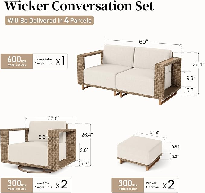 8 Pieces Modular Patio Furniture Set,Outdoor Wicker Conversation Set with Swivel Chairs and Ottomans,All Weather Patio Conversation Set for Lawn Garden Backyard,Beige