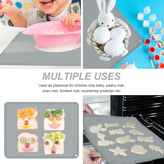 Silicone Placemats for Toddlers Thicker Version, Non-Slip Reusable Kids Placemats for Dining Table, Stain-Proof Baby Table Mat for Restaurants 4 Packs (Light Gray&Beige)