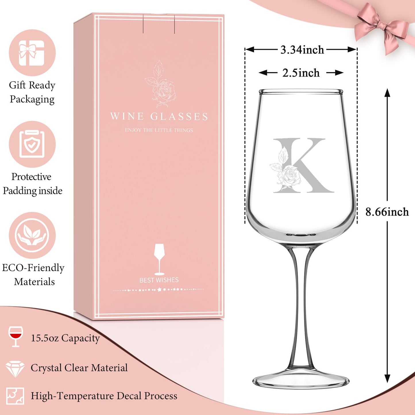 Monogrammed Wine Glass Gifts for Women - Personalized A-Z Wine Glasses with Gift Box & Greeting Card | Custom Mothers day, Anniversary, Birthday Gifts for Her, Mom, Wife, Best Friend, Sister,Woman (K)