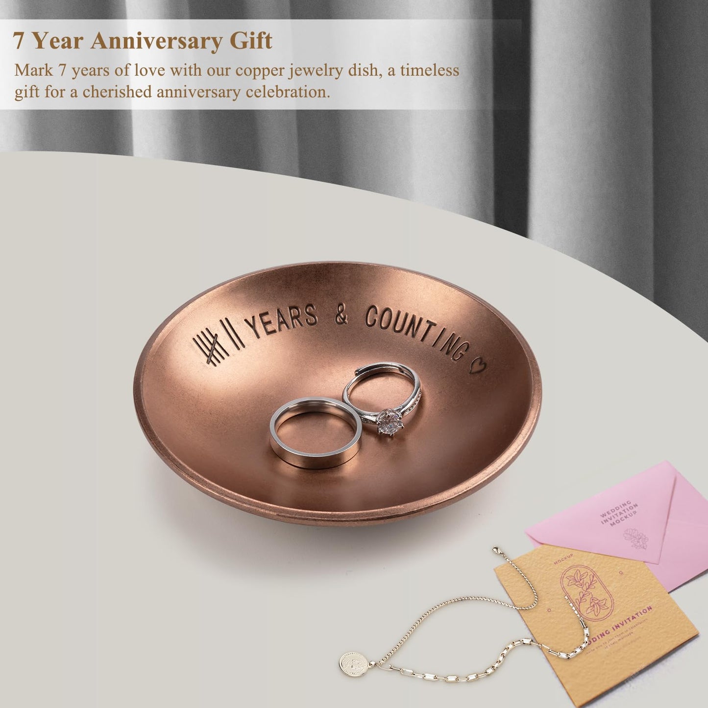 Urllinz 7 Year Anniversary Copper Gifts for Him Her - 7th Anniversary Jewelry Tray for Men Women Wife Husband Couple, Ring Holder Dish & Card & Gift Box, 4"