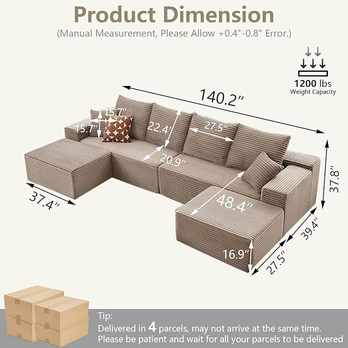 140" Sectional Cloud Couch for Living Room, Modular Floor Deep-Seat Sofa, Big Comfy Corduroy Couches Set with Fluffy Memory Foam, Stupendous U Shaped Sofas, No Assembly Required, Camel