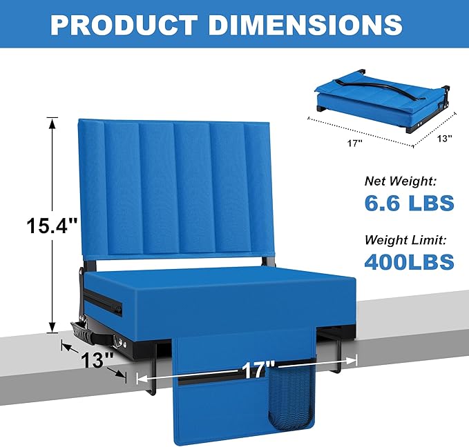 Aliphon Stadium Seat for Bleachers with Back Support and Cushion, Bleacher Seats with Shoulder Strap and Cup Holder, Padded Portable Folding Comfort Stadium Chair, for Sports Events, Blue (2pcs)