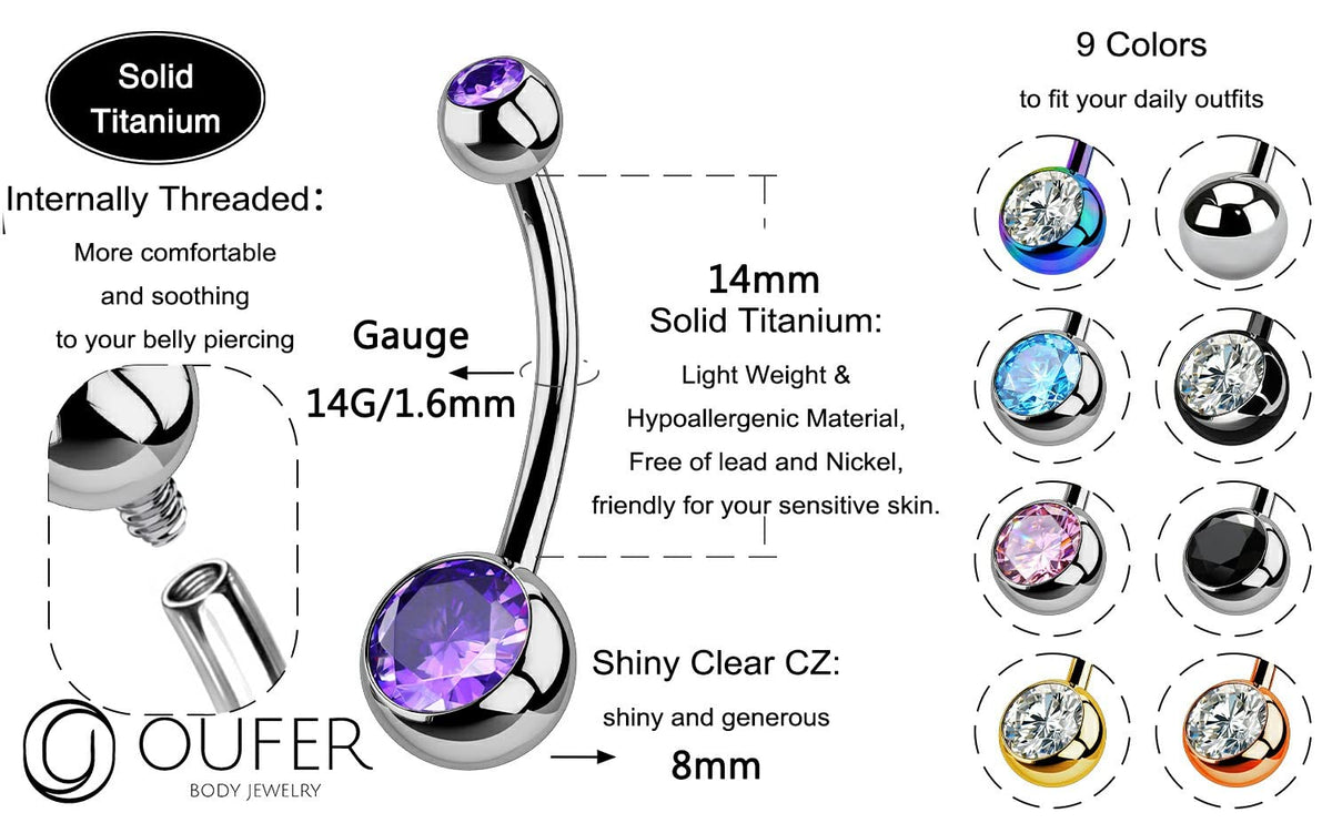 OUFER Titanium Belly Button Rings, Internally Threaded 14mm Long Belly Ring, Round CZ Navel Rings for Women Men (Purple)