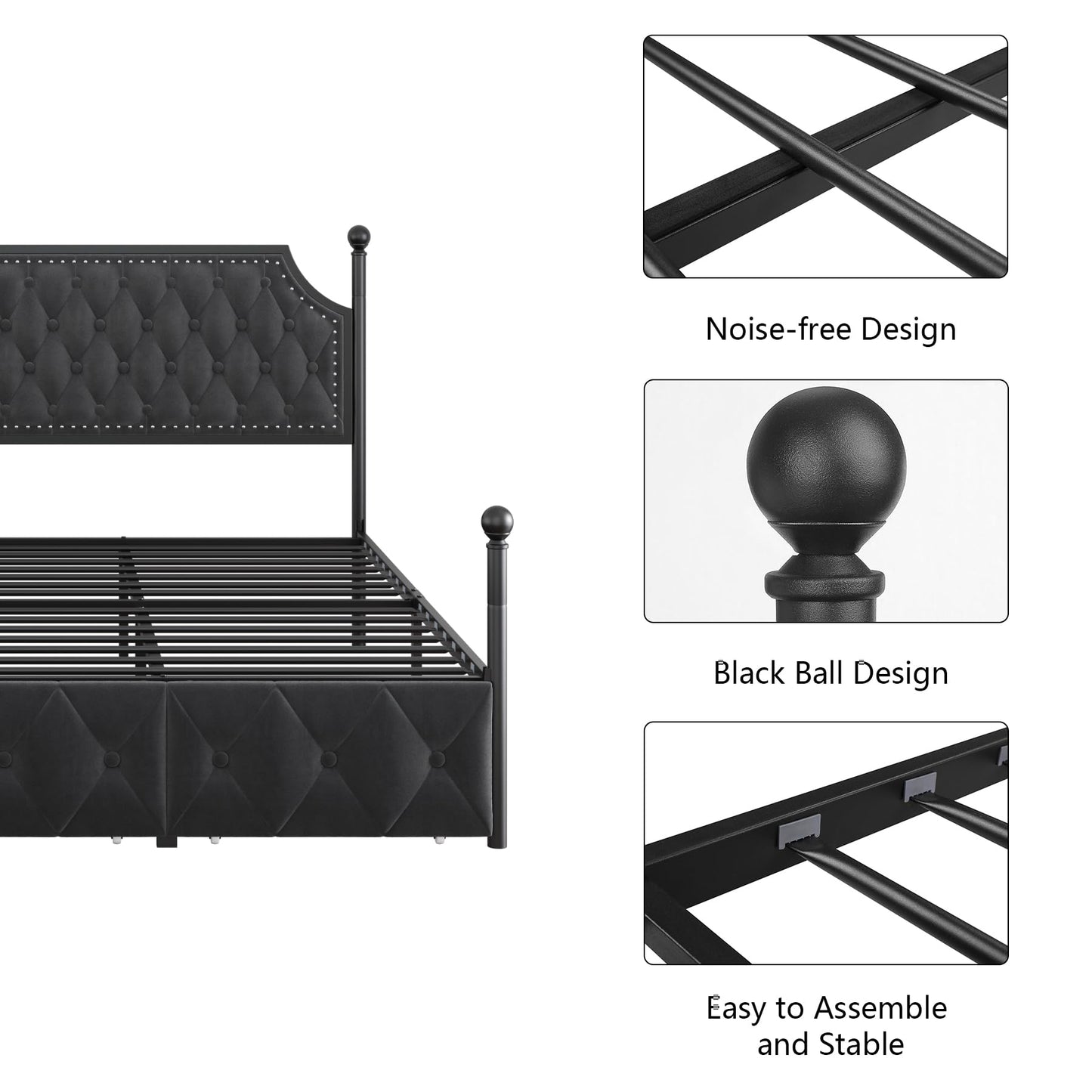 Keyluv Queen Upholstered Canopy Bed Frame with 2 Storage Drawers & Button Tufted Headboard, Metal Platform Bed with 4 Removable Posts, Two-Purpose Velvet Bed, Dark Grey/Curtain Not Included
