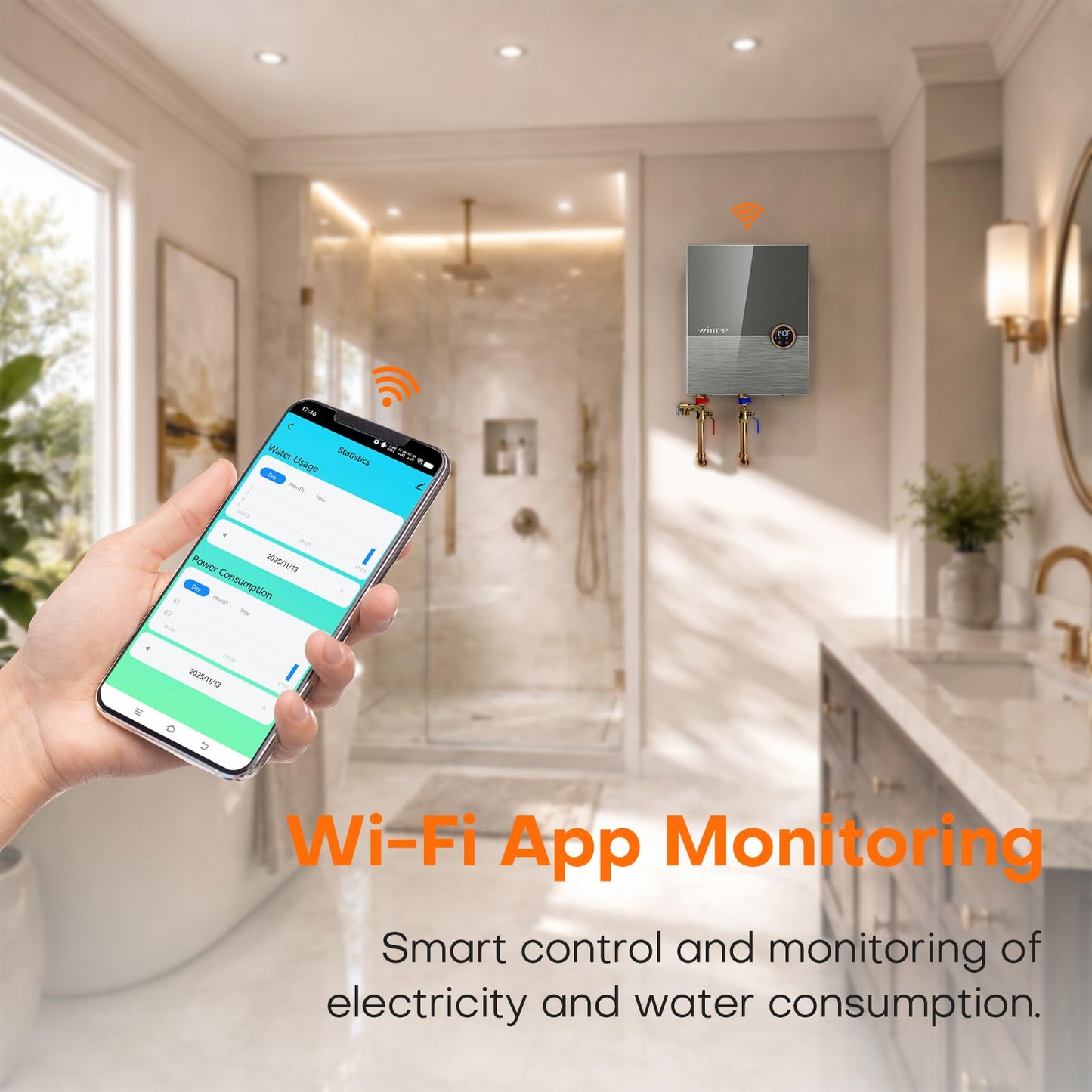 Wintemp 18kW Tankless Water Heater Electric 240V, On Demand Hot Water, Automatically Maintains Water Temperature, Up to 4.3 GPM, WiFi Control, ETL Eertified, Eco, WM18V Plus