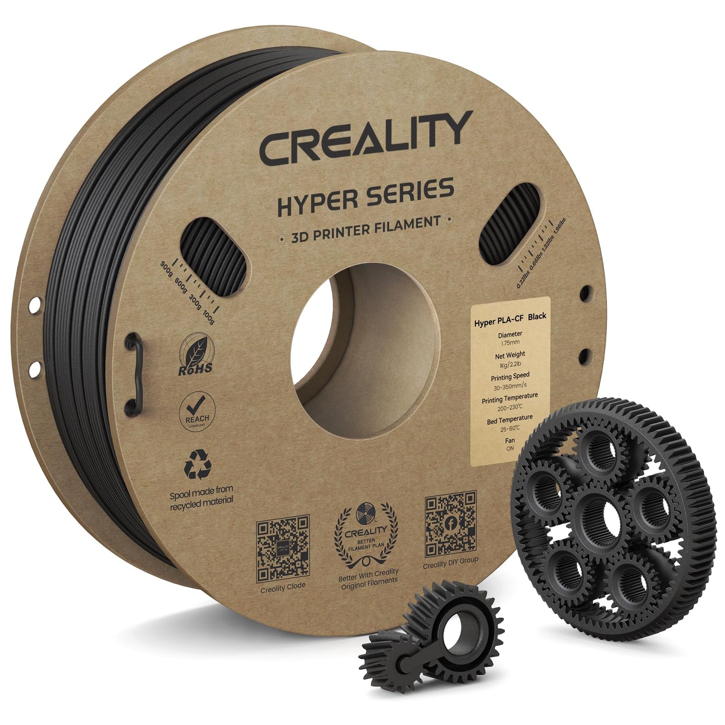 Creality Hyper PLA-CF 3D Printer Filament, 1.75mm Carbon Fiber High Speed PLA 50-300mm/s Matte Texture, Increased Strength, Bett