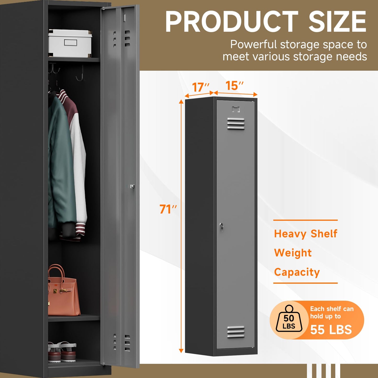 Topass Metal Lockers for Employees with Keys, 71" Tall Steel Storage Cabinet with Lockable Door, Metal Storage Locker for School Office Gym (1-Door, Black&Grey)