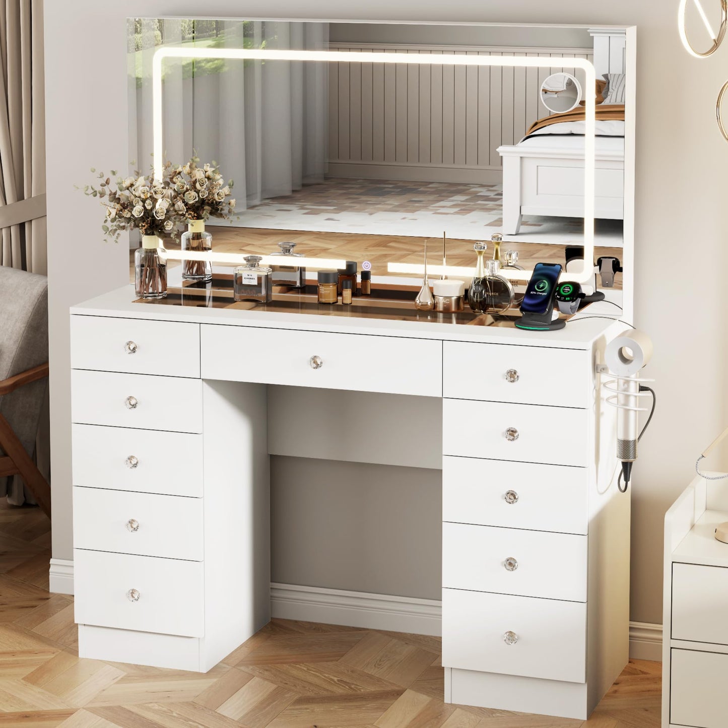 Otterease Vanity Desk with Mirror and Lights, 11 Drawers Makeup Vanity Desk with Tempered Glass top, 3 Lighting Modes Adjustable Brightness, White Vanity with Magnetic 5X Magnifier for Bedroom
