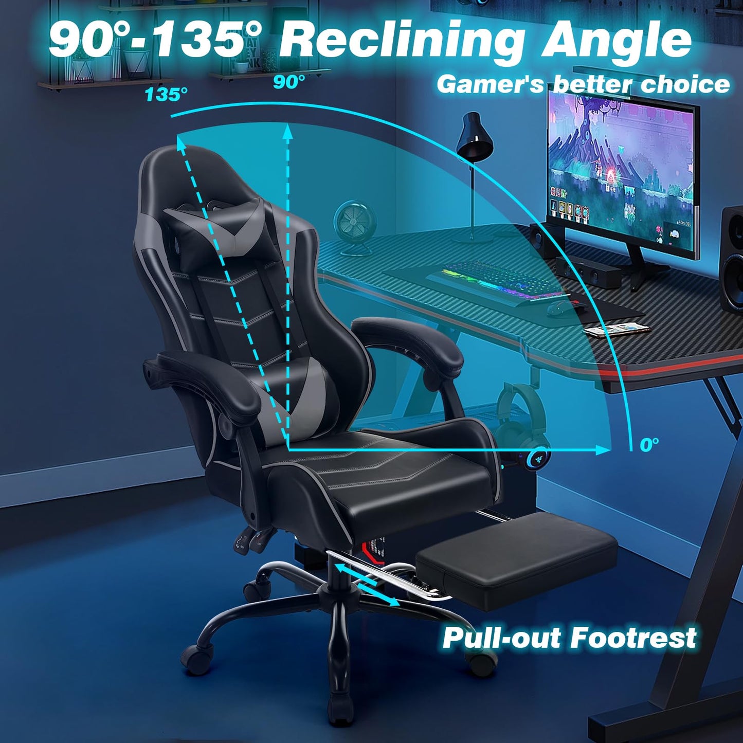 Czlolo Gaming Chair with Footrest Racing Style Lumbar Support Massager Video Game Chair with Metal Legs, High Back Reclining Gamer Chair with Headrest, 360° Swivel Office Computer Desk Chair (Gray)