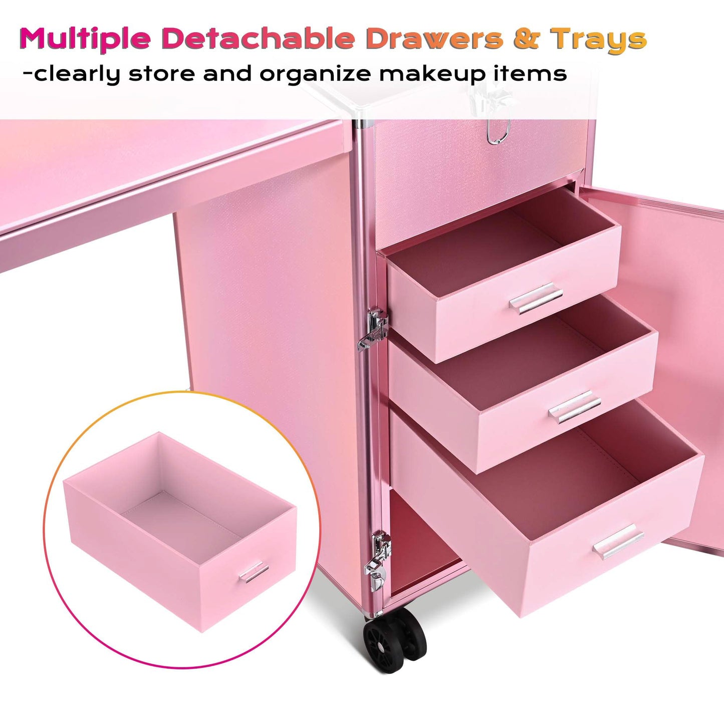 BYOOTIQUE Rolling Manicure Table Portable Nail Desk Station Travel Makeup Train Case Cosmetic Trolley Storage Organizer with Sto