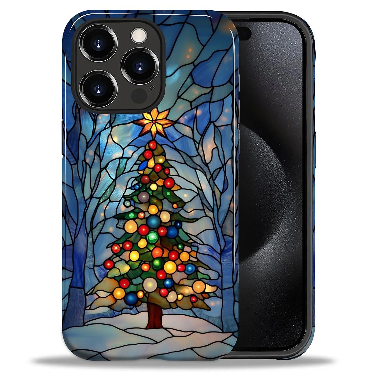 SKAMIX Case for iPhone 15 Pro,Drop Protection Hybrid 2-Layer Hard Phone Cover-Stained Glass Winter Christmas Tree