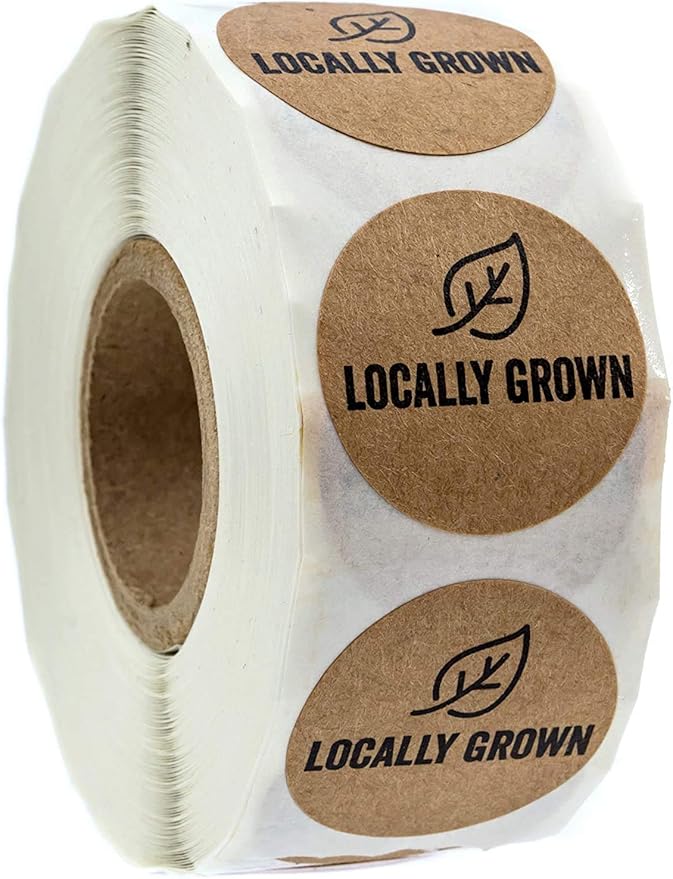 SBLABELS Brown Kraft Locally Grown Stickers/Small 1" Round Natural Kraft Farmers Market Food Label / 500 Grown Local Small Business Labels/Made in The USA