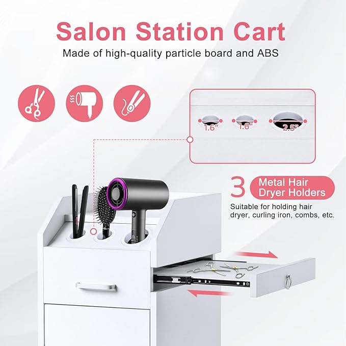 Winado Hair Salon Storage Cart with Wheels & 3 Hair Dryer Holders & 4 Drawers & Lock & 2 Keys, Hairdressing Tools Station Mobile Makeup Case, SPA Utility Trolley (White)