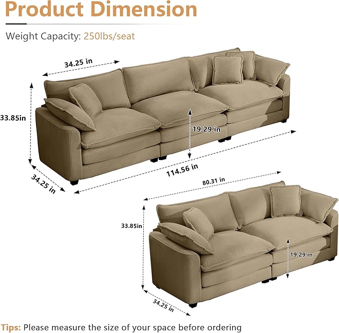 mikibama Luxury 2 Piece Sofa Set, 3-Seater & Loveseat Couch Set, Modern Corduroy Comfy Cloud Couches Set for Living Room Office with 4 Armrest Pillows and 5 Toss Pillows, Camel