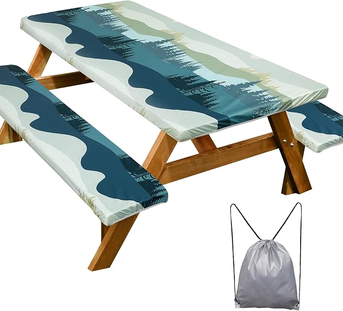 Picnic Table Cover with Bench Covers Camping Essentials Waterproof Windproof Camping Tablecloth with Drawstring Bag, Fitte...