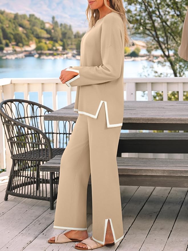 LILLUSORY Women Fall 2 Piece Lounge Set Outfits Sweatsuits Long Sleeve Sweater Tops Wide Leg Pants