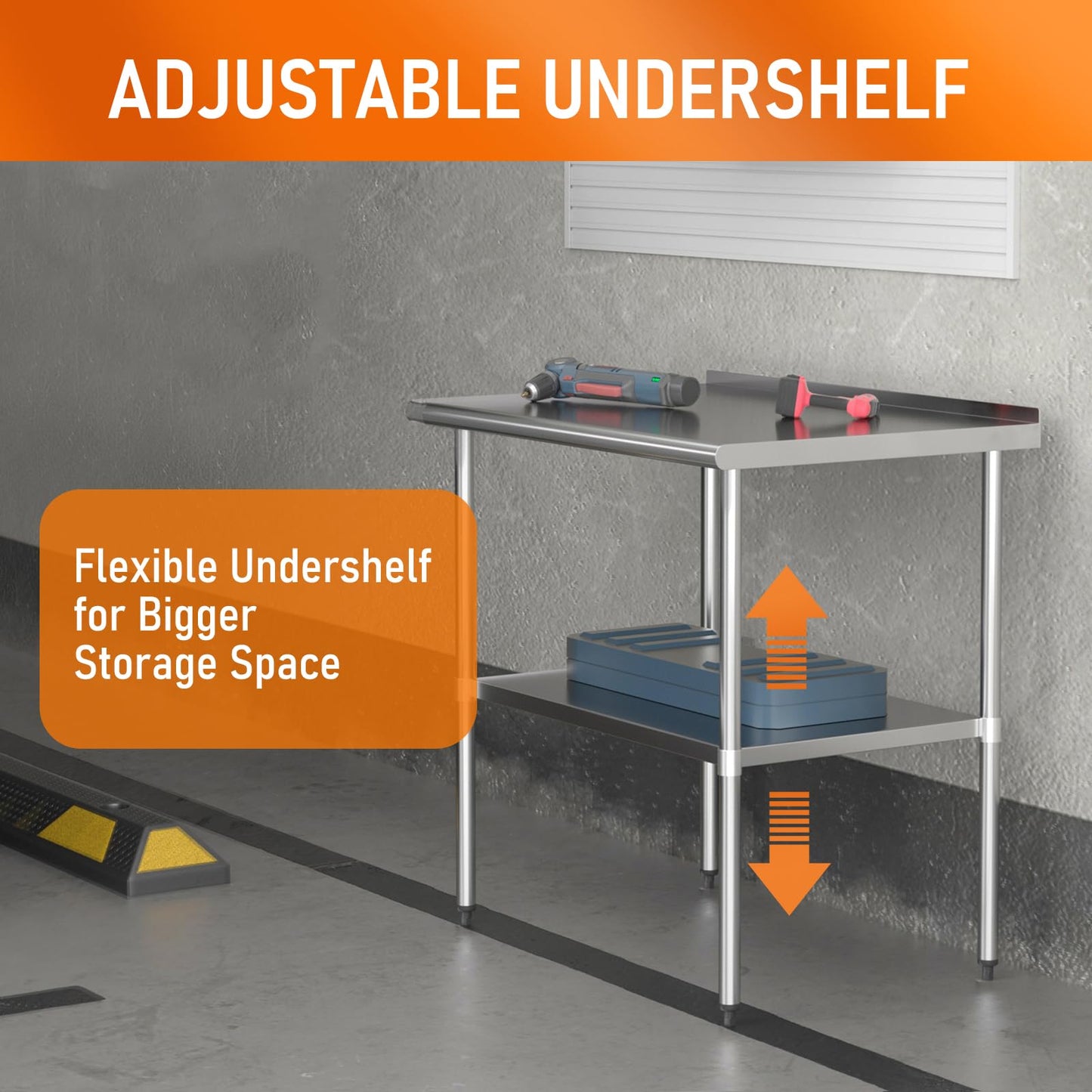 HOCCOT Stainless Steel Table 24" x 36" with Adjustable Undershelf and Backsplash, Commercial Metal Workstations for Kitchen, Garage, Outdoor BBQ