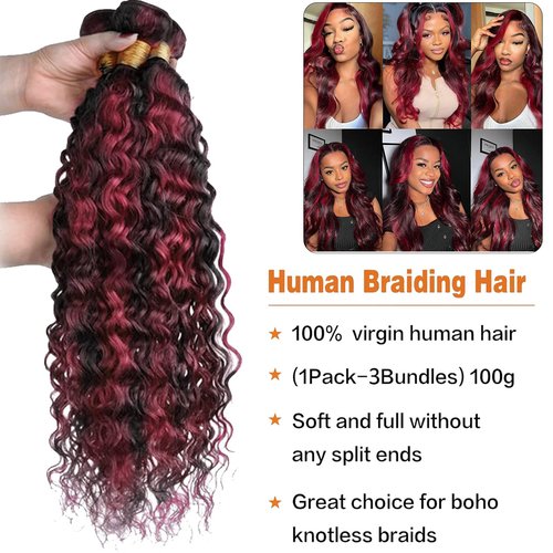Fabimiya 16 18 20 inch Burgundy P1B/99J Deep Wave Human Hair Bundles Wine Red Human Hair Bundles Unprocessed Burgundy Soft Sewn In Hair with Double Weft for Black Women