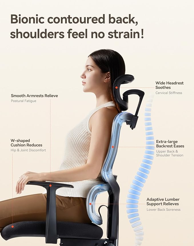 SIHOO M56C Ergonomic Office Chair, High Back Desk Chair, Lumbar Support, Swivel Computer Task Chair with Adjustable Headrest, Tilt Function,Black