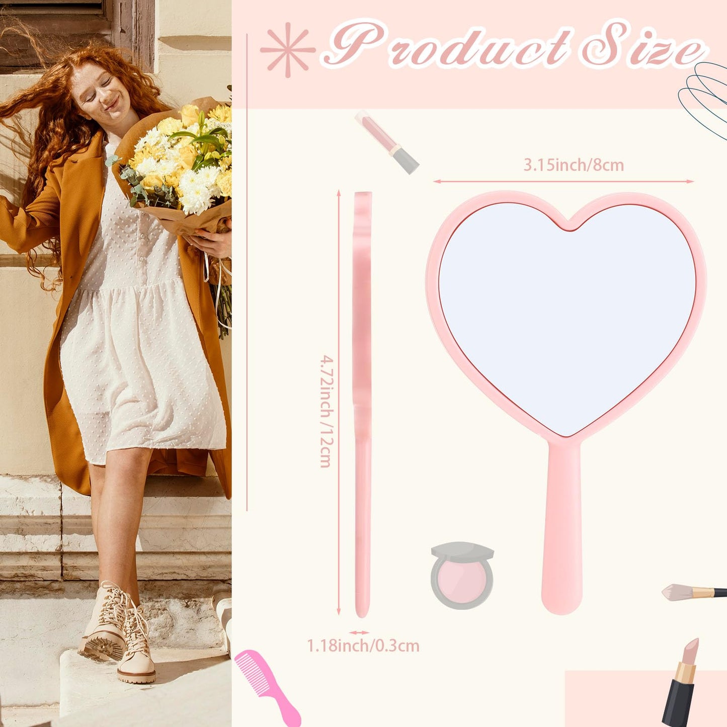 Threehoney 25 Pcs Heart Shaped Handheld Mirror with Handle Bulk Small Portable Travel Makeup Hand Held Mirror 3.15 x 4.72 Inch M