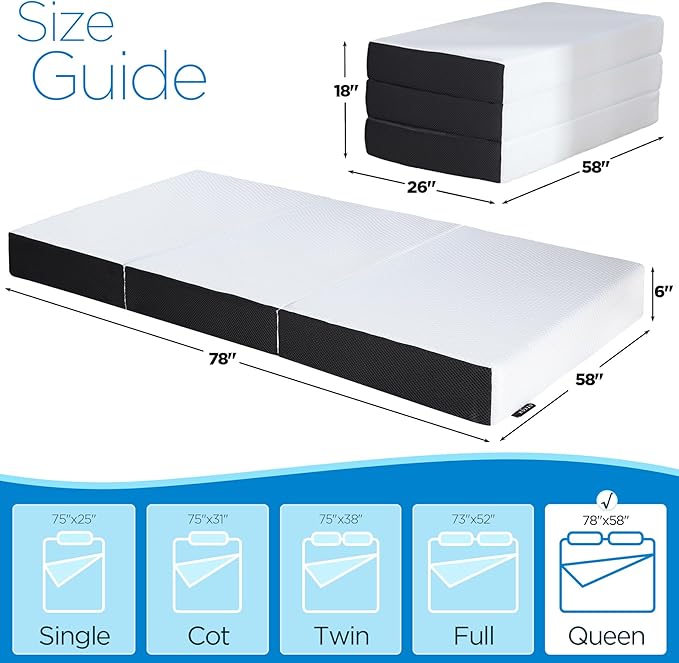 Roxzo Folding Mattress Queen Size,6 inch Tri-fold Memory Foam Mattress Topper with Washable Cover, Non-Slip Bottom Guest Bed Queen Size, 78" x 58" x 6"