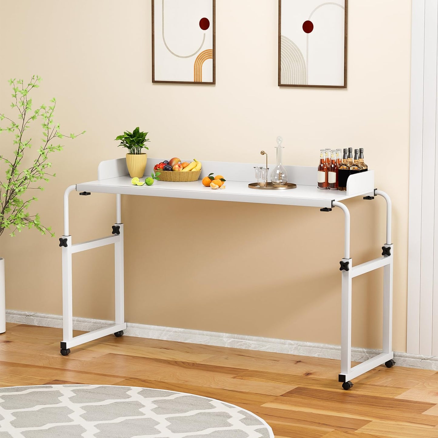 Rodiuiu Overbed Table with Wheels Laptop Desk Cart Table Over The Bed Table Adjustable Height and Length for Hospital and Home use(White)