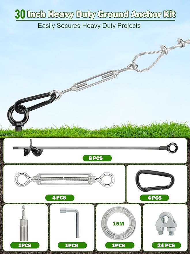 hannger 8 Pcs 30" Long Ground Anchors Shed Anchors Kit with 3/16" Galvanized Cable & Turnbuckles & Carabiners, Heavy Duty Earth Anchors for Sheds Trees Trampoline Greenhouse Swing Set Tent.
