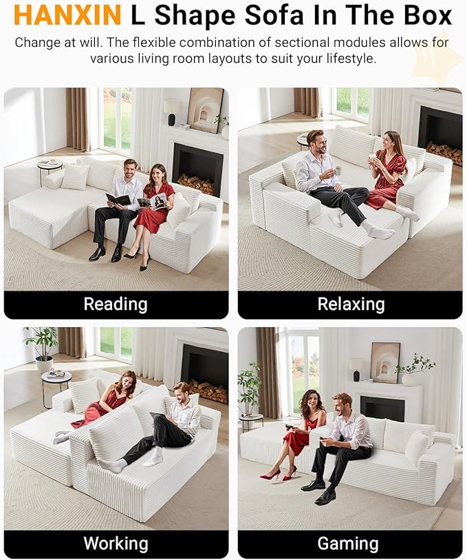 105 Inch Modular Sectional Sofa,Modern Cloud Sectional Couch with Deep Seat,Corduroy Boneless Couches with L-Shape Chaise for Living Room Bedroom,No Assembly Required (White, Left Facing Chaise)