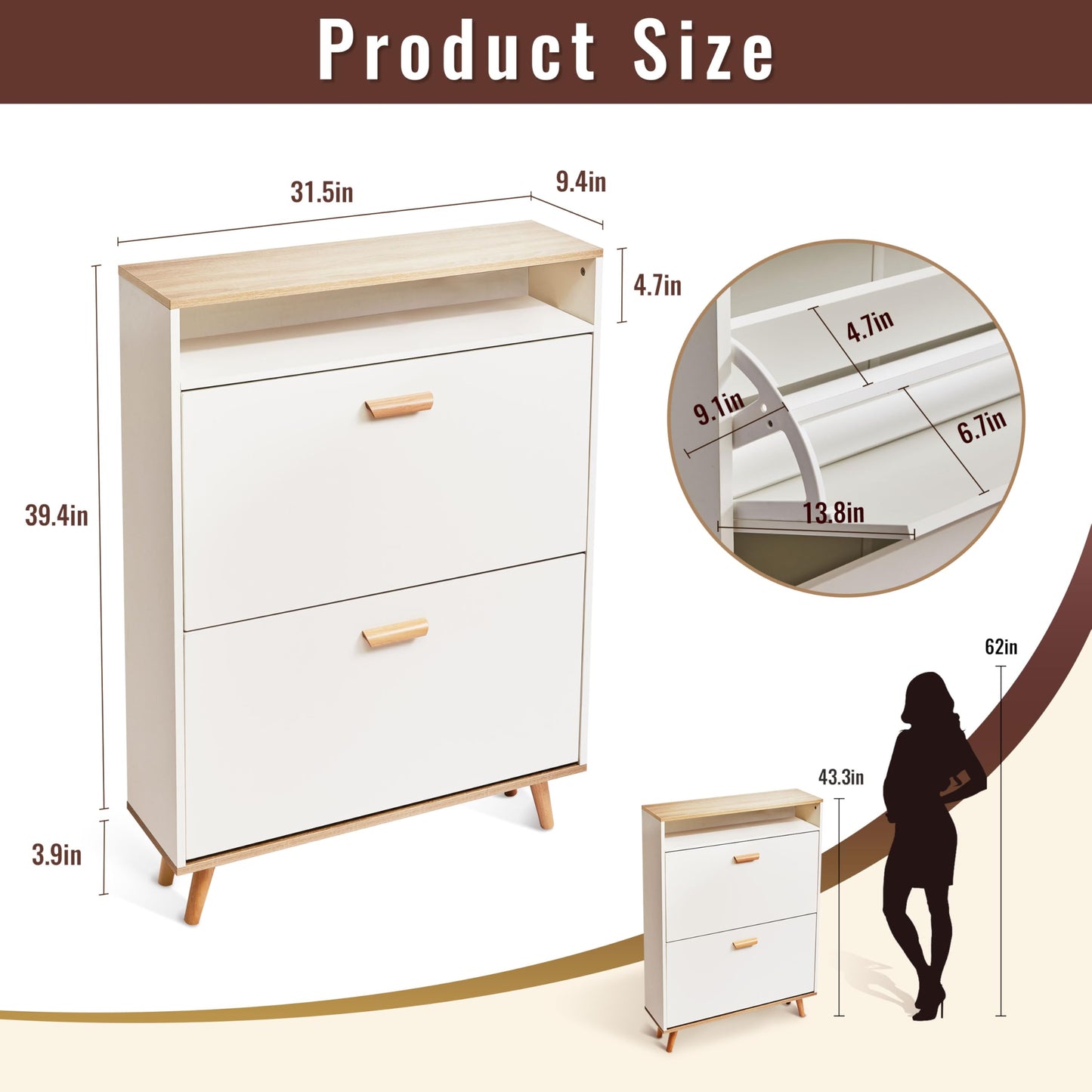 Slim Shoe Storage Cabinet with 2 Flip Drawers & Adjustable Shelves - Freestanding Entryway Shoe Organizer with Storage Compartment (Narrow Design with Legs)