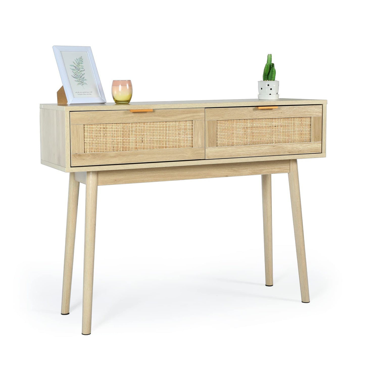 HOPUBUY Console Table Rattan Desk with Drawers, Oak Narrow Sofa Table with Pine Leg, Modern Small Entryway Table for Hallway and Living Room, 39" Rustic Natural