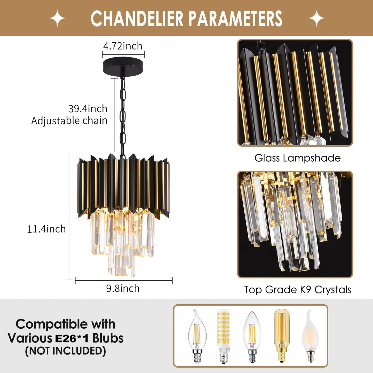Black and Gold Chandelier Gold Modern Crystal Chandelier Light Fixtures Dining Room Chandelier 1-Light Round Small Crystal Ceiling Hanging Pendant Light Fixture Kitchen Island entryway Foyer Bedroom