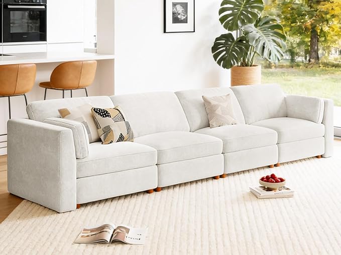 CUGOAO 153.4'' Modular Sectional Sofa, Oversized, Sectional Couch, Deep Seat Chenille Cloud Couch Sofa, Removable Cover, Mordern Upholstered Couches for Living Room, Apartment, Office, Beige