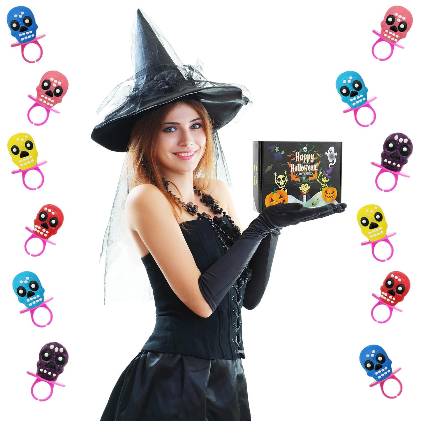 Fruidles Halloween Skull Candy Rings, Day of the Dead, Hard Candy, Individually Wrapped (48-Pack)