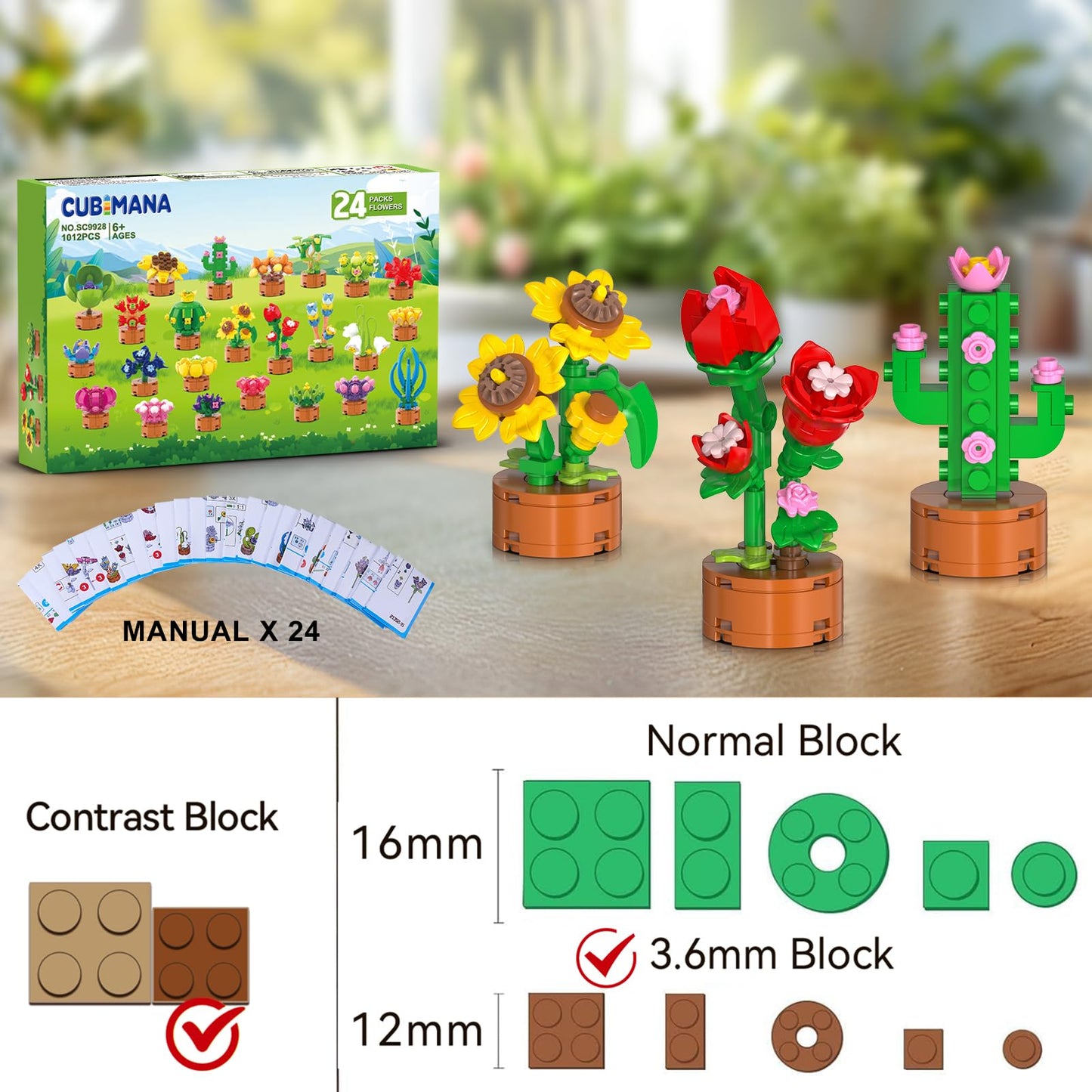 24 Pack Flowers Succulents Party Favors for Kids Building Set - 1012 PCS Botanical Bonsai 3.6MM Mini Building Blocks Toy for Classroom Prizes Easter Basket Stuffers Birthday Gift for Girl Boy Ages 6+