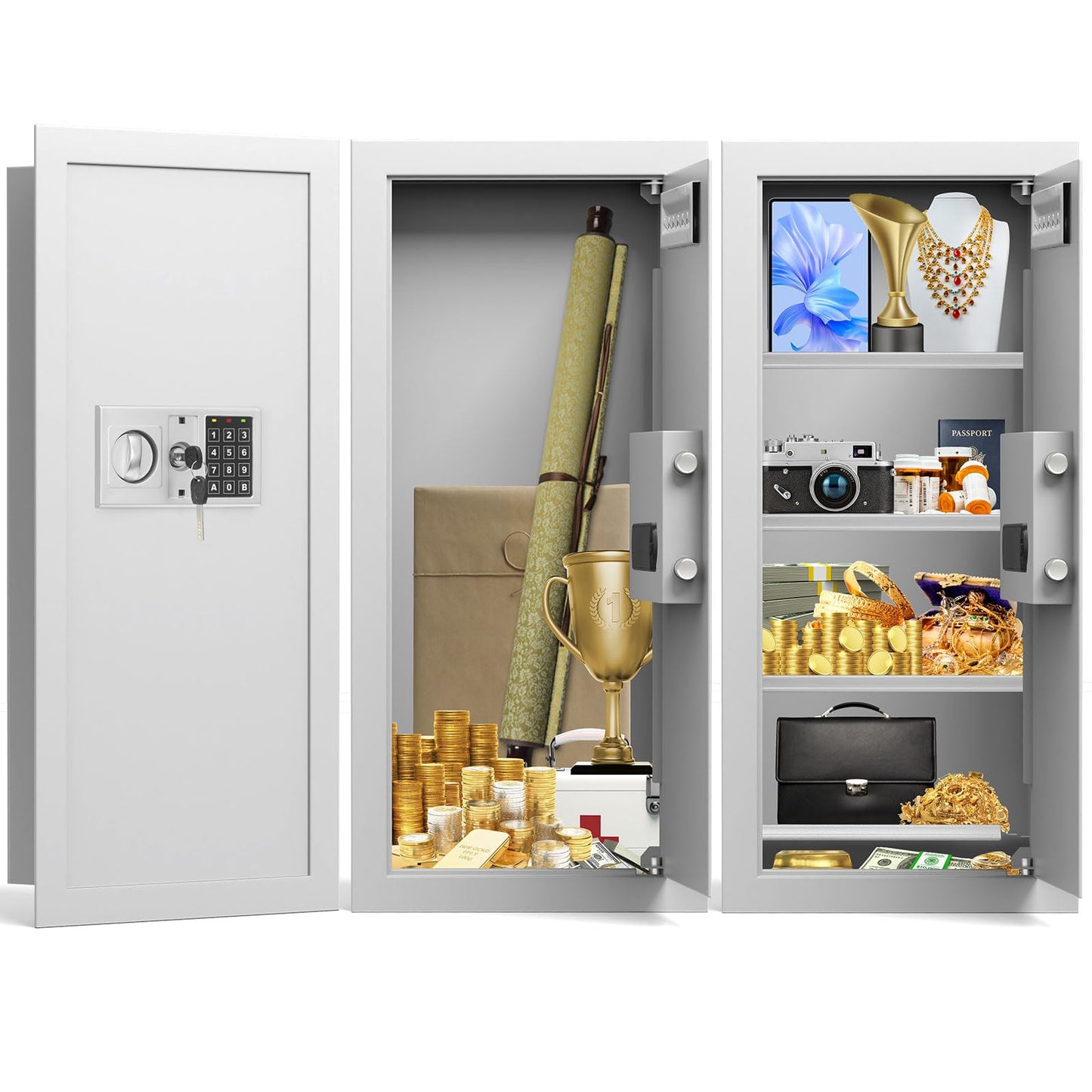 White 29.53" Tall Fireproof Wall Safes Between the Studs 16" Centers, Heavy Duty Combination Lock in Wall Safe with 3 Removable Shelf, Hidden Safe for Money, Jewelry, Document, Passport